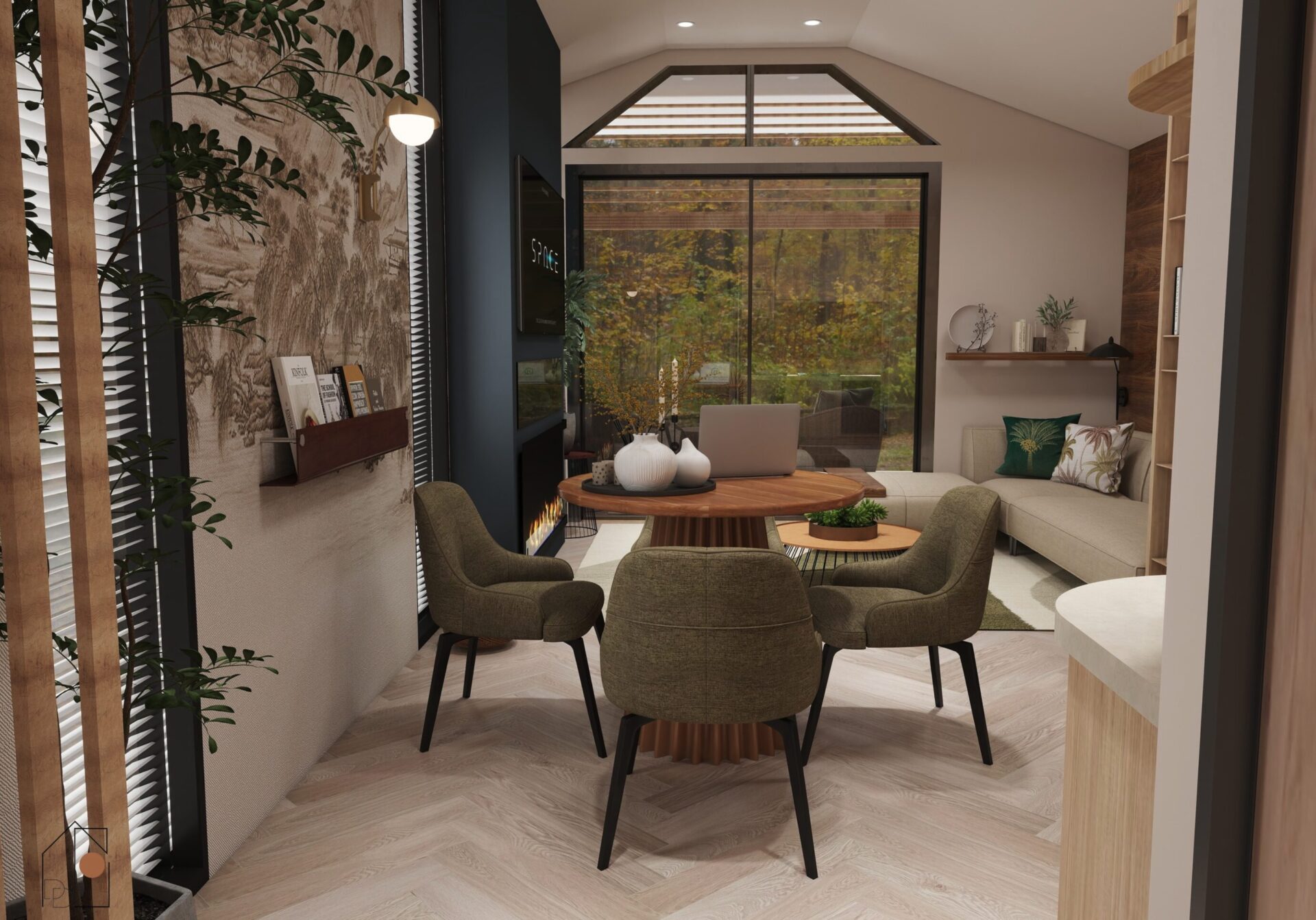 Dining space of compact mobile home with natural materials and view into open-plan living area
