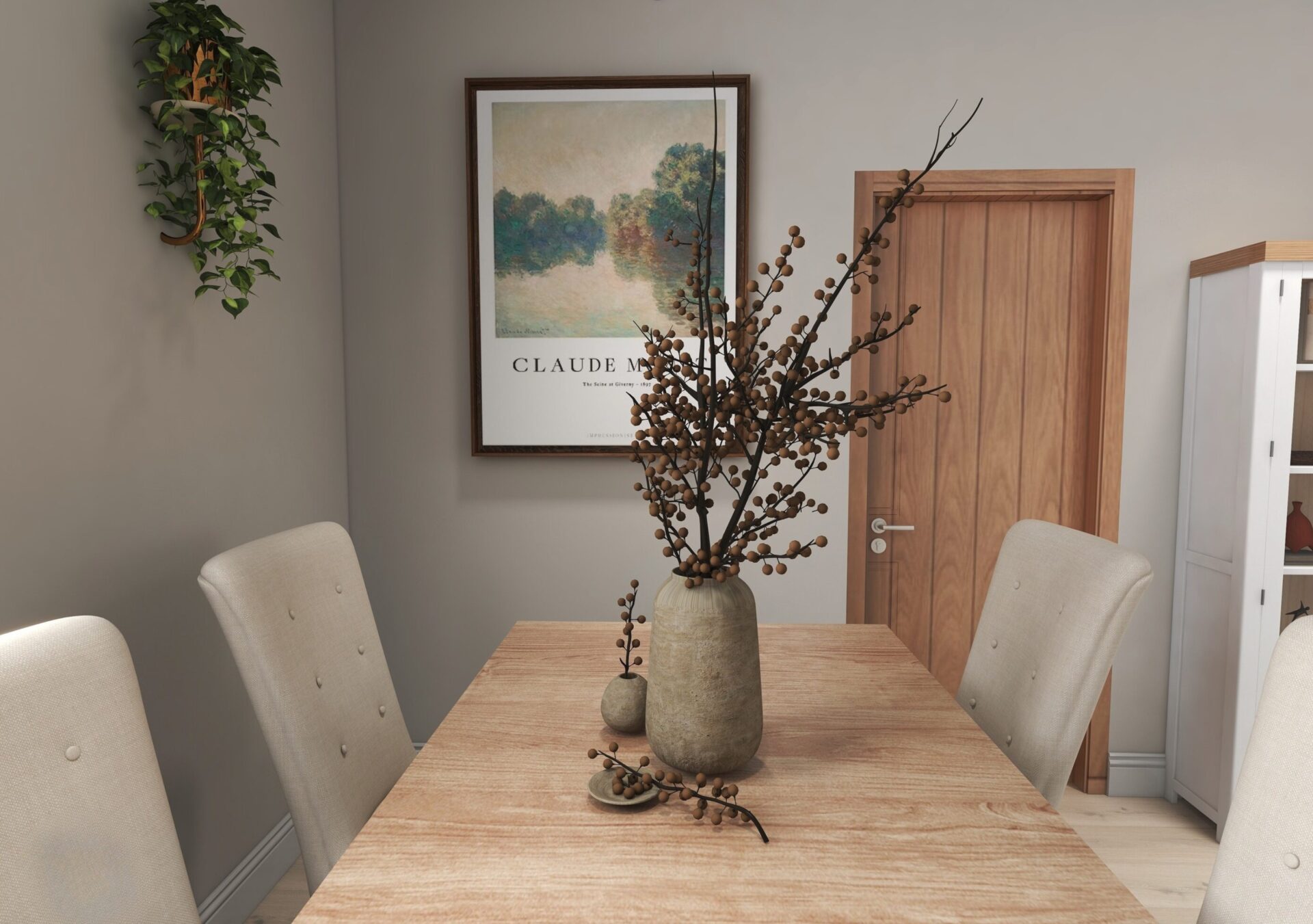3D render dining view of art wall 3d render of art and dining table in a dining room with decor