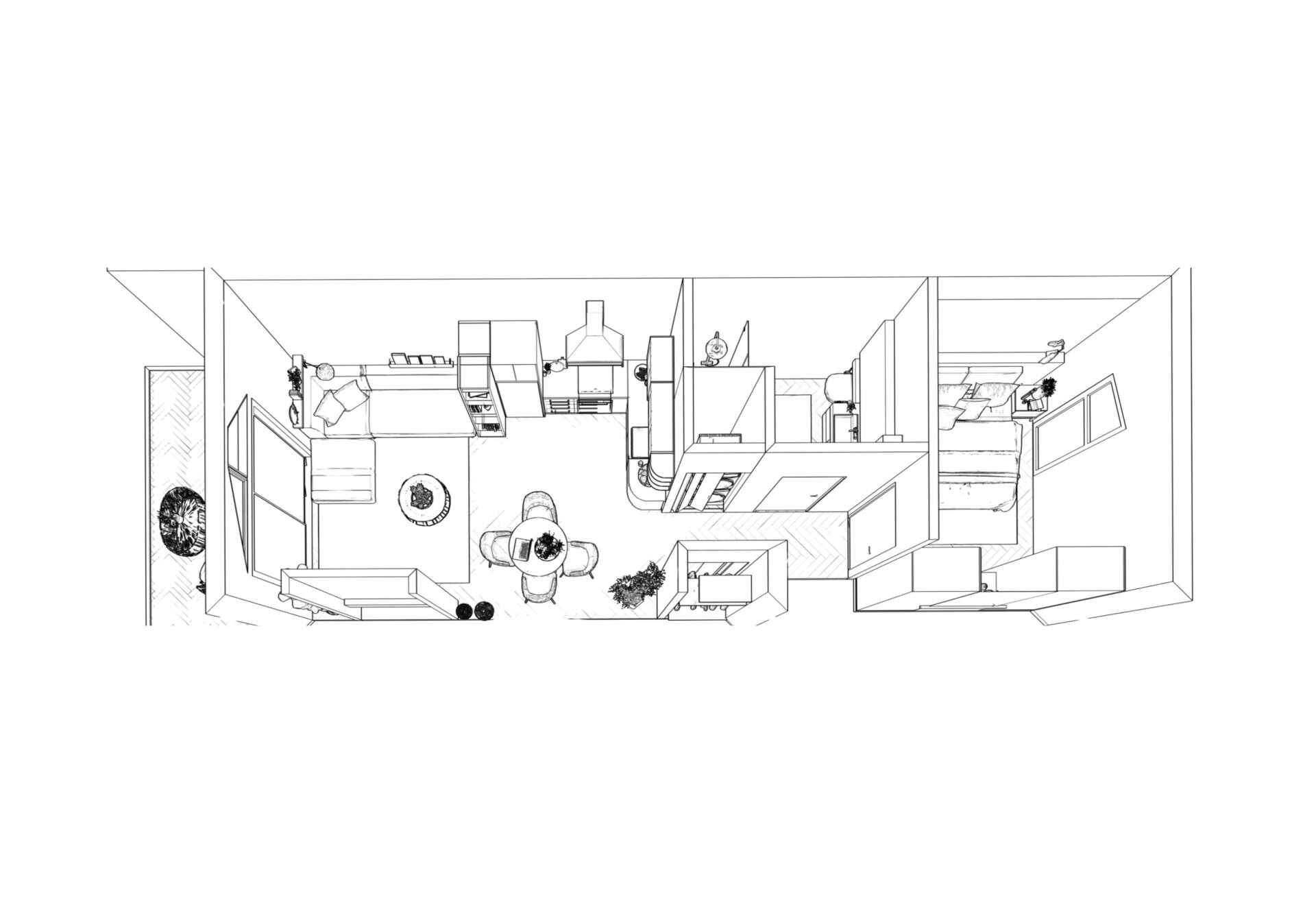 Mobile Home 3D Sketch Layout showing open plan living space bathroom hallway and bedroom made by Studio Kelly-Marie